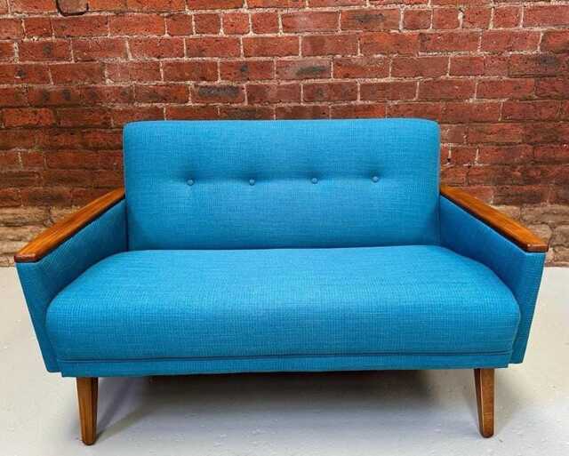 New, Handmade Vintage Mid Century Teak Style 2 Seat Sofa in Teal Blue Faux Linen - image 1