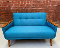 New, Handmade Vintage Mid Century Teak Style 2 Seat Sofa in Teal Blue Faux Linen