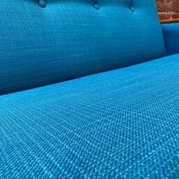 New, Handmade Vintage Mid Century Teak Style 2 Seat Sofa in Teal Blue Faux Linen - thumbnail 4