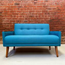 New, Handmade Vintage Mid Century Teak Style 2 Seat Sofa in Teal Blue Faux Linen - thumbnail 3