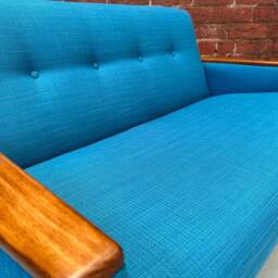New, Handmade Vintage Mid Century Teak Style 2 Seat Sofa in Teal Blue Faux Linen - thumbnail 2
