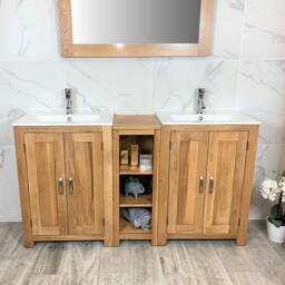 Bathroom Vanity Unit - Sink Washstand Slimline Oak With Inset Counter Sunk Basin Sinks Taps & Plugs Included