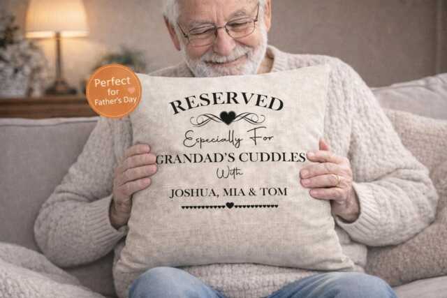 Fathers Day Grandad Gift Personalised Cushion Reserved For Cuddles Hug Grandpa Granda Gramps Pillow - image 1
