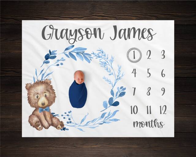 Bear Milestone Blanket Monthly Growth Tracker Soft Fleece Baby Shower Gift Newborn Watch Me Grow Boy Woodland - image 1