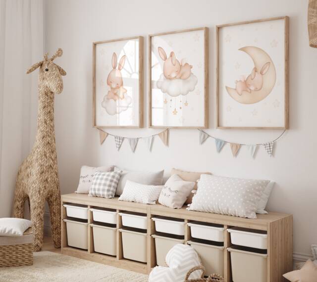 Boy Beige Nursery Decor, Set Of 3 Prints, Bunny Art, Watercolour Baby Boy, Neutral Decor Unisex, Gender - image 1