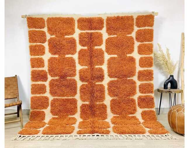 Orange White Geometric Shag Rug - Moroccan Berber Wool Carpet Modern Living Room Decor Tufted Hand Area - image 1
