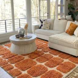 Orange White Geometric Shag Rug - Moroccan Berber Wool Carpet Modern Living Room Decor Tufted Hand Area - thumbnail 3