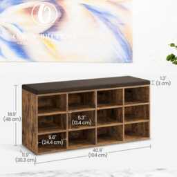 Rustic Brown Shoe Bench With Cushion & 12/9 Compartments - Entryway Storage Style - thumbnail 2