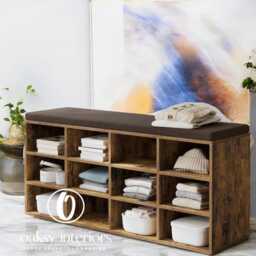 Rustic Brown Shoe Bench With Cushion & 12/9 Compartments - Entryway Storage Style - thumbnail 3