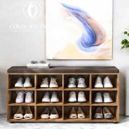 Rustic Brown Shoe Bench With Cushion & 12/9 Compartments - Entryway Storage Style - thumbnail 1