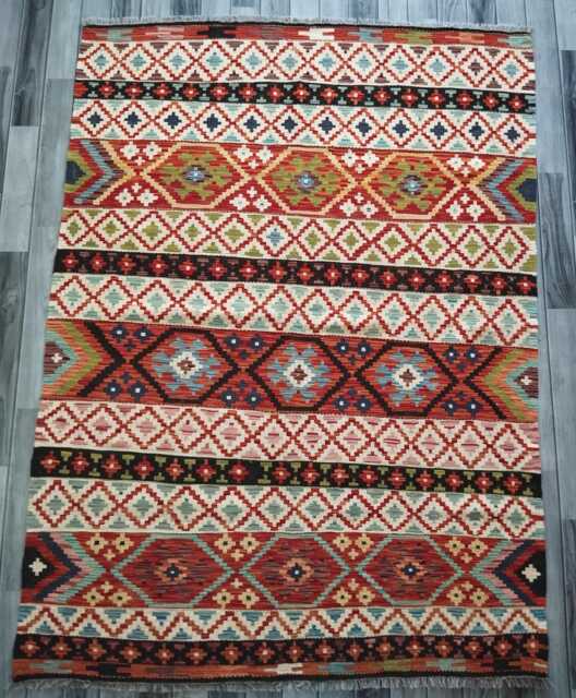 Heritage Kilim Rug, Handmade Artisan Afghan Turkish, Scandinavian, Navajo, Bohemian Flatweave, Natural Wool Multicolour Rug 200x148 cm - image 1