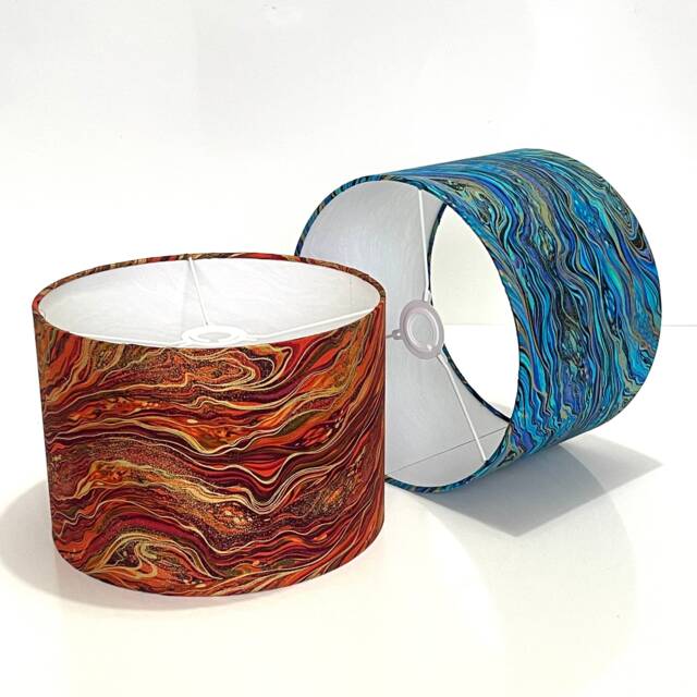 New Handmade High Quality Marble Wave Effects With Golden Glitter Effect Lamp Shade Pendant Light in Blue & Rust Red Fabric - image 1