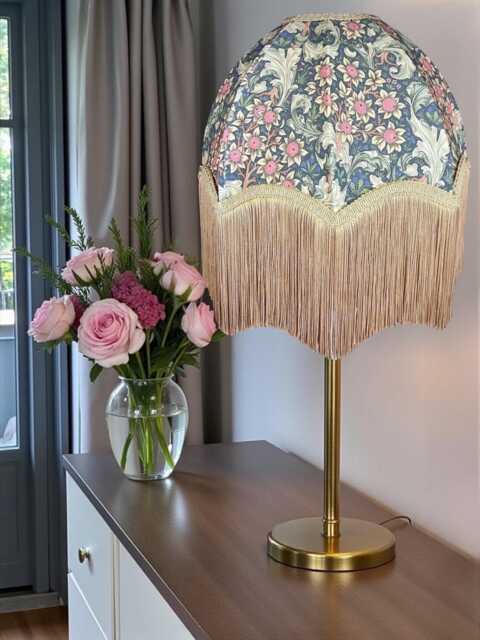 William Morris Steel Orchid Buttercup Curtains Fabric Dome Lampshade Antique Gold Braid & Fringe, Bespoke British Handmade - image 1