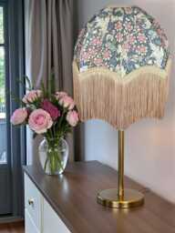 Handcrafted William Morris Steel Orchid Fabric Dome Lampshade Antique Gold Braid, Fringe, British Handmade