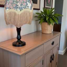 William Morris Steel Orchid Buttercup Curtains Fabric Dome Lampshade Antique Gold Braid & Fringe, Bespoke British Handmade - thumbnail 3