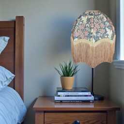William Morris Steel Orchid Buttercup Curtains Fabric Dome Lampshade Antique Gold Braid & Fringe, Bespoke British Handmade - thumbnail 2