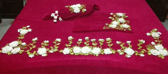 Silk Ribbon Embroidery Twin Bedspread Wedding Gift - image 1