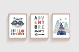 Set Of 3 Boys Nursery Prints, Adventure Awaits, Decor, Bedroom Playroom Wall Art, Art - thumbnail 1