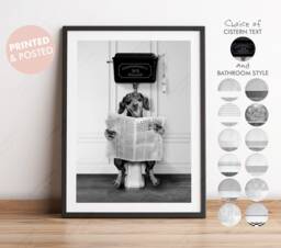 Black & White Tan Dachshund On Toilet With Newspaper, Victorian Toilet, Funny Bathroom Print, Animal Whimsy - thumbnail 1