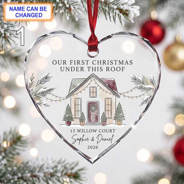 Our First Christmas Under This Roof Glass Ornament, Personalized White Farmhouse Keepsake, Custom Family Address Gift With Snowy Trees - image 1