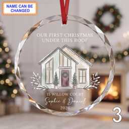 Our First Christmas Under This Roof Glass Ornament, Personalized White Farmhouse Keepsake, Custom Family Address Gift With Snowy Trees - thumbnail 3