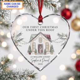 Our First Christmas Under This Roof Glass Ornament, Personalized White Farmhouse Keepsake, Custom Family Address Gift With Snowy Trees - thumbnail 1