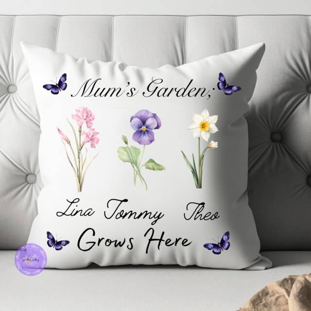 Personalized Birth Flower Pillow Mum's Garden Family Name Cushion - image 1