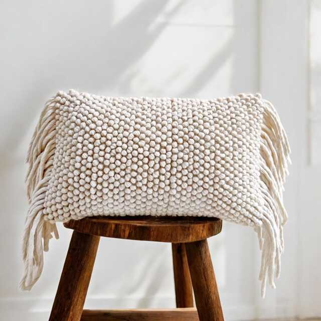 Chunky Knit Wool Pillow Cover Ivory Woven Lumbar, 12x20 - image 1