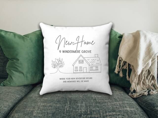 New Home Cushion, New Gift, Daughter Gift For Home, Personalised Address, Couple, Moving In - image 1
