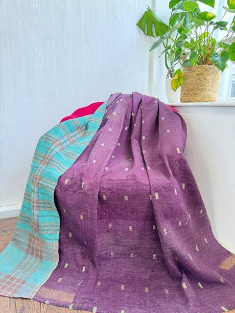 Vintage Handmade Fine Kantha Stitch Reversible Sofa Throw - Country Home Elegant Turquoise Check Stripe Purple Hues Brocade Artisan Rare - image 1