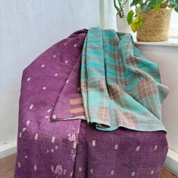 Vintage Handmade Fine Kantha Stitch Reversible Sofa Throw - Country Home Elegant Turquoise Check Stripe Purple Hues Brocade Artisan Rare - thumbnail 3