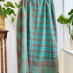 Vintage Handmade Fine Kantha Stitch Reversible Sofa Throw - Country Home Elegant Turquoise Check Stripe Purple Hues Brocade Artisan Rare - thumbnail 4