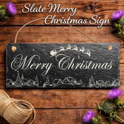 Engraved Merry Christmas Slate Sign, Winter Village Rustic Holiday D??cor - thumbnail 1