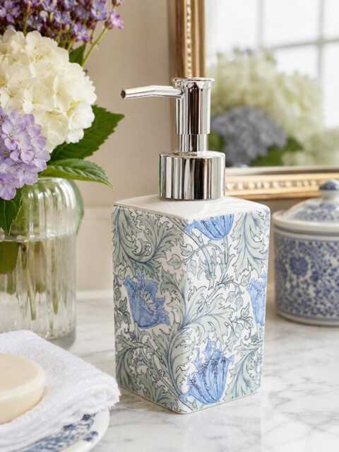 William Morris Anemone Soap Dispenser Porcelain 200 Ml Blue Green Floral Liquid Pump Art Nouveau Bath Accessory Hand Decorated UK - image 1