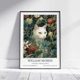 White Cat William Morris Wall Art Vintage Poster, Floral Art Print - thumbnail 1