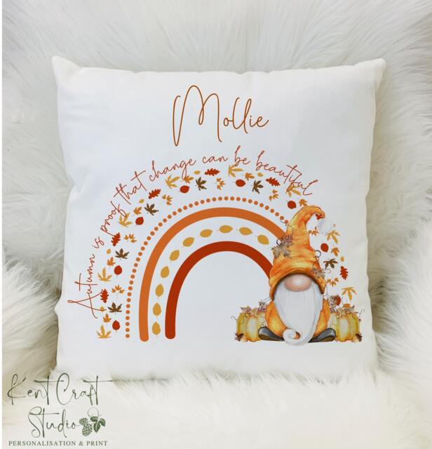 Personalised Autumn Cushion, Gnome Rainbow Pumpkin Gnome Pillow, D??cor - image 1