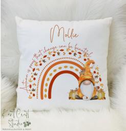 Personalised Autumn Cushion, Gnome Rainbow Pumpkin Gnome Pillow, D??cor - thumbnail 1