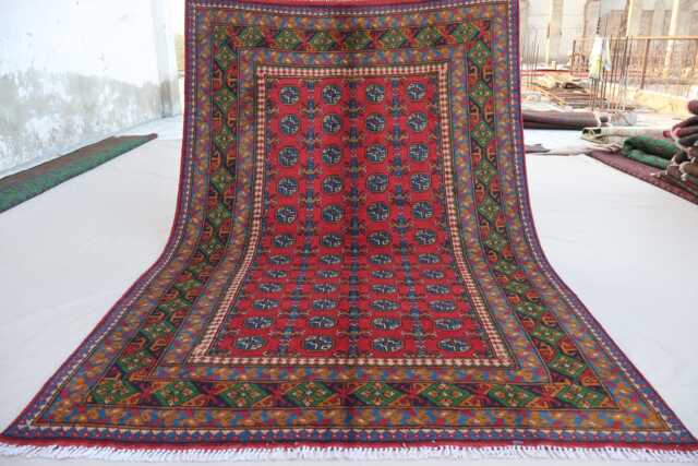 5x8 Bukhara Rug Afghan Hand Knotted Veg Dyes Wool Area Rug, Turkmen Tribal Red Blue Orange Green Bohemian Living Room, Bedroom - image 1