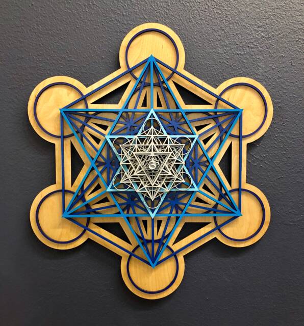 The Om Mandala V1 - Metatron's Cube, Wall Art, Blue Fade With Silver Top & Natural Base Sacred Geometry - image 1