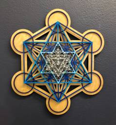 The Om Mandala V1 - Metatron's Cube, Wall Art, Blue Fade With Silver Top & Natural Base Sacred Geometry - thumbnail 1