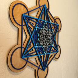 The Om Mandala V1 - Metatron's Cube, Wall Art, Blue Fade With Silver Top & Natural Base Sacred Geometry - thumbnail 2