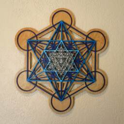 The Om Mandala V1 - Metatron's Cube, Wall Art, Blue Fade With Silver Top & Natural Base Sacred Geometry - thumbnail 4