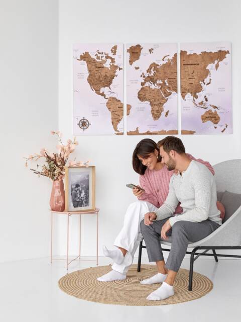 Large World Map Wall Art 5Th Anniversary Gift, Push Pin Wood Apartment Decor, Travel Couples Gift 3 Piece Above Bed Decor - image 1