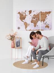 Large World Map Wall Art 5Th Anniversary Gift, Push Pin Wood Apartment Decor, Travel Couples Gift 3 Piece Above Bed Decor - thumbnail 1