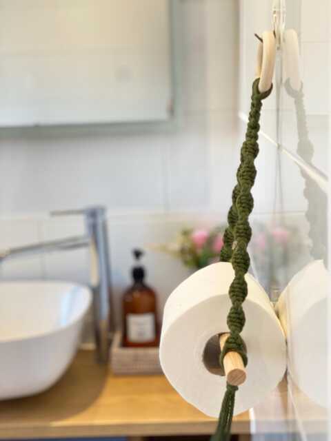 Olive Green Toilet Roll Holder Wall Mounted, Boho Bathroom Accessories, Pastel Farmhouse Cloakroom Decor, Rope Loo Paper Tissue Dispenser - image 1