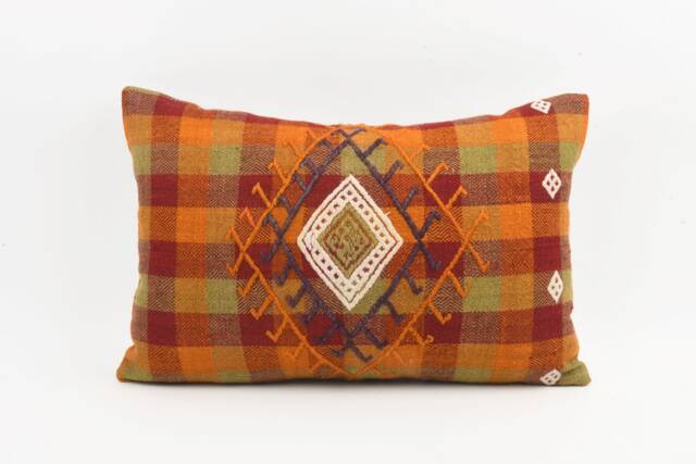 Handwoven Turkish Kilim Pillow Wool Lumbar Cushion Cover - 16x24 - image 1
