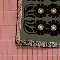 Olive Green & Black Boho Floral Woven Cotton Blanket - thumbnail 3
