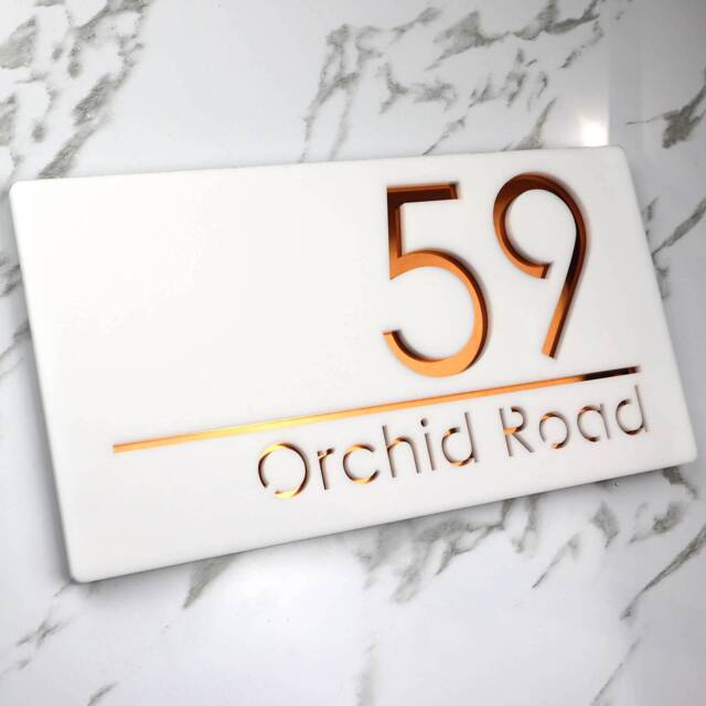 K Smart Sign - Bellissima H1 Laser Cut Matt White & Copper Mirror Floating House Door Numbers Plaque 300mm X 160mm - image 1