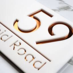 K Smart Sign - Bellissima H1 Laser Cut Matt White & Copper Mirror Floating House Door Numbers Plaque 300mm X 160mm - thumbnail 2