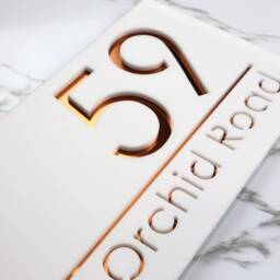 K Smart Sign - Bellissima H1 Laser Cut Matt White & Copper Mirror Floating House Door Numbers Plaque 300mm X 160mm - thumbnail 3